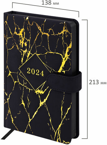 Ежедневник датированный 2024 А5 138x213 мм BRAUBERG "Goldy", под кожу, цветной срез, черный, 114979