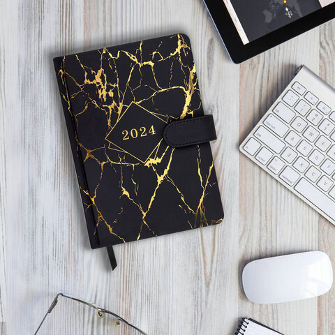 Ежедневник датированный 2024 А5 138x213 мм BRAUBERG "Goldy", под кожу, цветной срез, черный, 114979