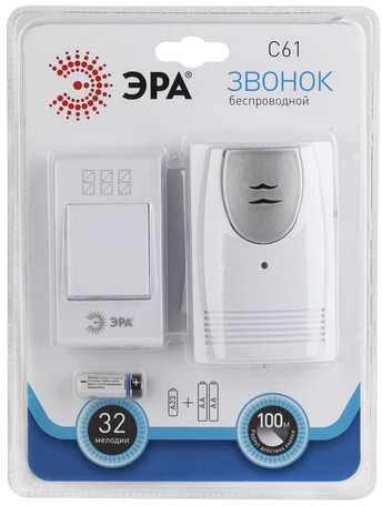 Звонок беспроводной "ЭРА С61", 32 мелодии, подсветка динамика, до 100 м, IP20, белый