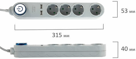 Сетевой фильтр SONNEN DX04, 4 розетки, 2 USB-порта, с заземлением, 10 А, 1,5 м, графит, 513493
