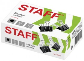 Зажимы для бумаг большие STAFF "EVERYDAY", КОМПЛЕКТ 12 шт., 51 мм, на 230 листов, черные, картонная коробка, 224610