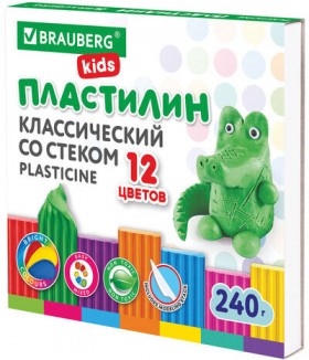 Пластилин классический BRAUBERG KIDS, 12 цветов, 240 г, стек, ВЫСШЕЕ КАЧЕСТВО, 106436