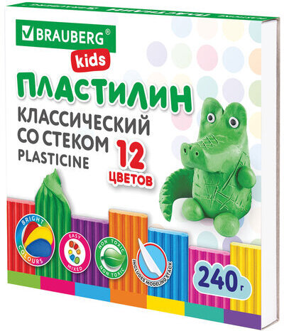 Пластилин классический BRAUBERG KIDS, 12 цветов, 240 г, стек, ВЫСШЕЕ КАЧЕСТВО, 106436