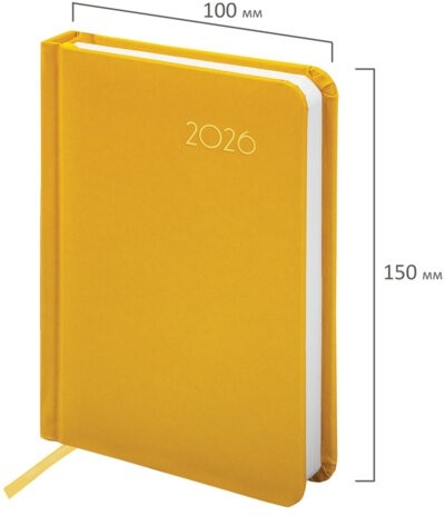 Ежедневник датированный 2026, МАЛЫЙ ФОРМАТ 100х150 мм, А6, BRAUBERG "Select", балакрон, желтый, 117261