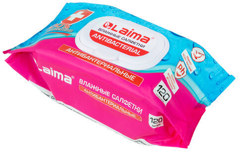 Салфетки влажные 120 шт., АНТИБАКТЕРИАЛЬНЫЕ, с пластиковым клапаном, LAIMA "Antibacterial", 112497