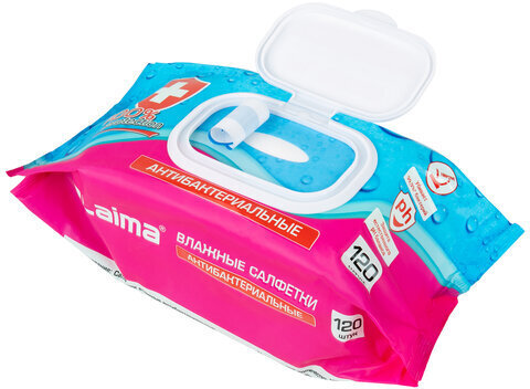 Салфетки влажные 120 шт., АНТИБАКТЕРИАЛЬНЫЕ, с пластиковым клапаном, LAIMA "Antibacterial", 112497