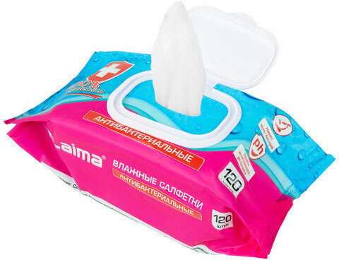 Салфетки влажные 120 шт., АНТИБАКТЕРИАЛЬНЫЕ, с пластиковым клапаном, LAIMA "Antibacterial", 112497