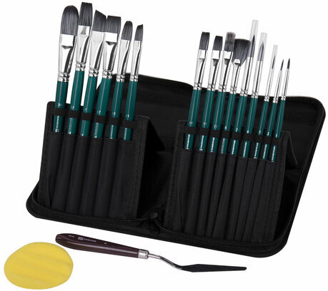 Кисти художественные набор 15 шт.+мастихин, в пенале, изумрудные, синтетика, BRAUBERG ART DEBUT, 201045