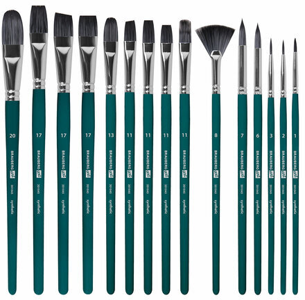 Кисти художественные набор 15 шт.+мастихин, в пенале, изумрудные, синтетика, BRAUBERG ART DEBUT, 201045