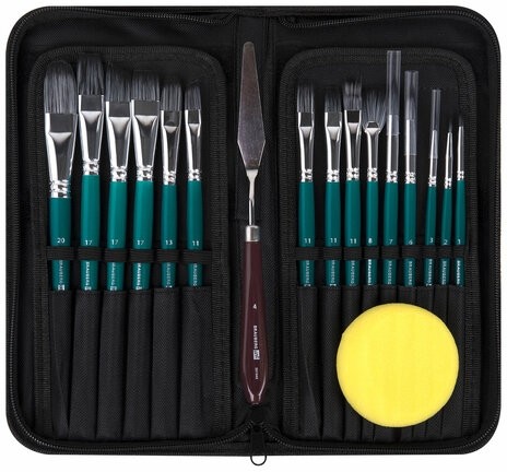 Кисти художественные набор 15 шт.+мастихин, в пенале, изумрудные, синтетика, BRAUBERG ART DEBUT, 201045