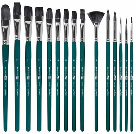 Кисти художественные набор 15 шт.+мастихин, в пенале, изумрудные, синтетика, BRAUBERG ART DEBUT, 201045