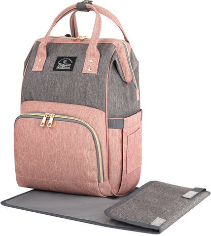 Рюкзак для мамы BRAUBERG MOMMY с ковриком, крепления на коляску, термокарманы, серый/розовый, 40x26x17 см, 270821