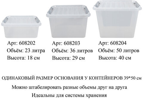 Ящик-контейнер 50 л с КРЫШКОЙ НА ЗАЩЕЛКАХ "ПРОФИ", 40х50х39 см, штабелируемый, ПРОЧНЫЙ, прозрачный, 437960000