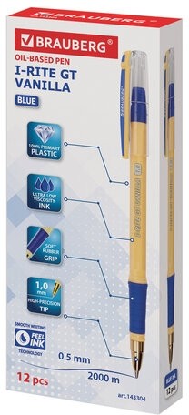 Ручка шариковая масляная с грипом BRAUBERG "i-Rite GT Vanilla", СИНЯЯ, корпус кремовый, узел 1 мм, 143304