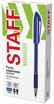 Ручка шариковая масляная с грипом STAFF "Manager OBP-10", СИНЯЯ, узел 0,7 мм, линия письма 0,35 мм, 143743
