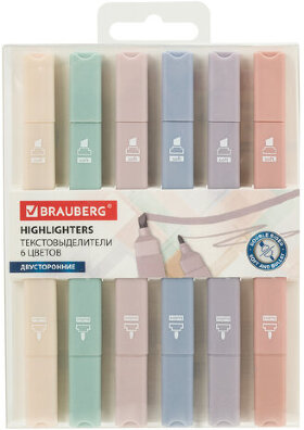 Набор текстовыделителей двусторонних 6 ЦВЕТОВ МОРАНДИ, BRAUBERG &quot;Morandi&quot;, линия 1-5 мм, 152514