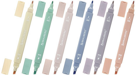 Набор текстовыделителей двусторонних 6 ЦВЕТОВ МОРАНДИ, BRAUBERG "Morandi", линия 1-5 мм, 152514