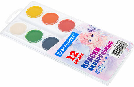 Краски акварельные BRAUBERG 12 цветов "Аниме", медовые, круглые кюветы, 192552