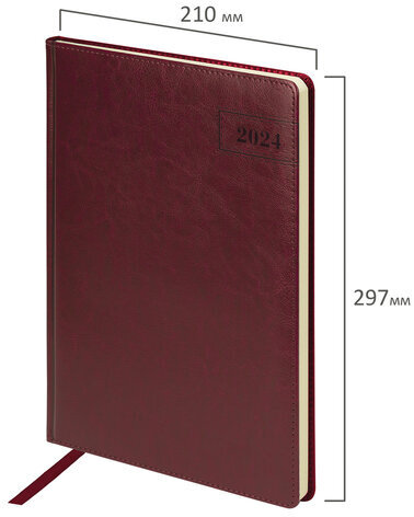 Ежедневник датированный 2024 БОЛЬШОЙ ФОРМАТ 210х297 мм А4, BRAUBERG "Imperial", под кожу, бордо, 114780