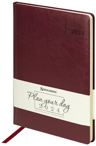 Ежедневник датированный 2024 БОЛЬШОЙ ФОРМАТ 210х297 мм А4, BRAUBERG "Imperial", под кожу, бордо, 114780