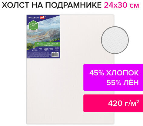 Холст на подрамнике BRAUBERG ART CLASSIC, 24х30см, грунт., 45%хлоп., 55%лен, среднее зерно, 190635