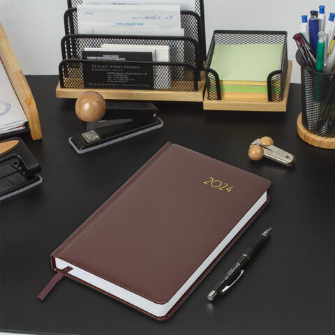 Ежедневник датированный 2024 А5 138x213 мм BRAUBERG "Select", балакрон, коричневый, 114880