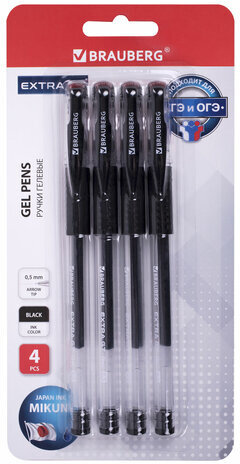 Ручки гелевые с грипом BRAUBERG "EXTRA GT", ЧЕРНЫЕ, НАБОР 4 штуки, стандартный наконечник 0,5 мм, линия 0,35 мм, 143924