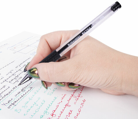 Ручки гелевые с грипом BRAUBERG "EXTRA GT", ЧЕРНЫЕ, НАБОР 4 штуки, стандартный наконечник 0,5 мм, линия 0,35 мм, 143924