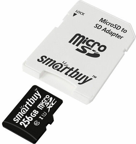 Карта памяти microSDXC 256 GB SMARTBUY, UHS-I, 90 Мб/сек (class 10), с адаптером, SB256GBSDCL10-01