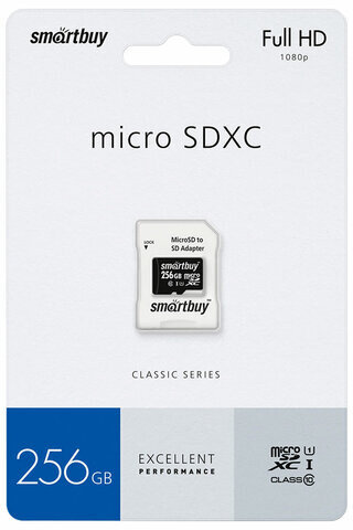 Карта памяти microSDXC 256 GB SMARTBUY, UHS-I, 90 Мб/сек (class 10), с адаптером, SB256GBSDCL10-01