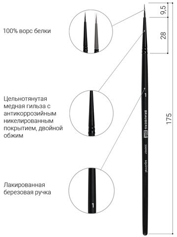 Кисть художественная проф. BRAUBERG ART CLASSIC, белка, круглая, № 1, 200907