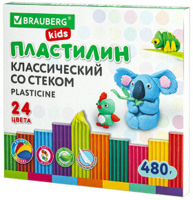 Пластилин классический BRAUBERG KIDS, 24 цвета, 480 грамм, стек, ВЫСШЕЕ КАЧЕСТВО, 106437