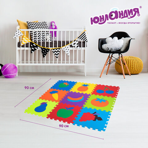 Коврик-пазл напольный 0,9х0,9 м мягкий "Фрукты-овощи", 9 частей 30х30 см, толщина 1 см, ЮНЛАНДИЯ, 664665