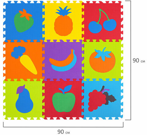 Коврик-пазл напольный 0,9х0,9 м мягкий "Фрукты-овощи", 9 частей 30х30 см, толщина 1 см, ЮНЛАНДИЯ, 664665