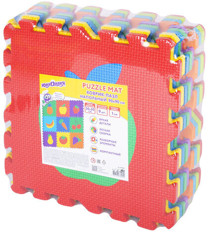 Коврик-пазл напольный 0,9х0,9 м мягкий "Фрукты-овощи", 9 частей 30х30 см, толщина 1 см, ЮНЛАНДИЯ, 664665