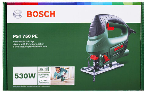 Лобзик сетевой, 530 Вт, 3100 ход./мин, глубина реза 75 мм, BOSCH PST 750 PE 06033A0521