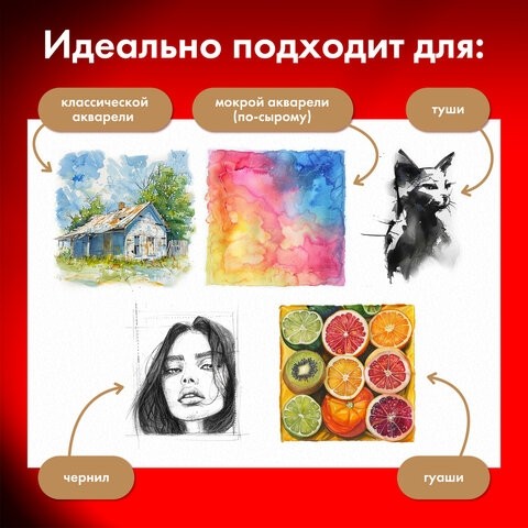 Бумага для акварели ХЛОПОК 100%, 300 г/м2, 560x760 мм, среднее зерно, 10 листов, BRAUBERG ART "PREMIERE", 113236