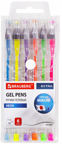 Ручки гелевые НЕОН BRAUBERG "EXTRA", НАБОР 6 ЦВЕТОВ, узел 0,7 мм, линия 0,35 мм, 143911
