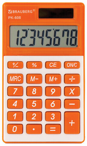 Калькулятор карманный BRAUBERG PK-608-RG (107x64 мм), 8 разрядов, двойное питание, ОРАНЖЕВЫЙ, 250522