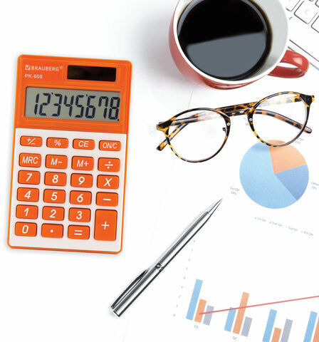 Калькулятор карманный BRAUBERG PK-608-RG (107x64 мм), 8 разрядов, двойное питание, ОРАНЖЕВЫЙ, 250522