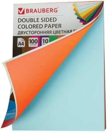 Цветная бумага А4 ТОНИРОВАННАЯ В МАССЕ, 100 листов 10 цветов, склейка, 80 г/м2, BRAUBERG, 210х297 мм, 124715