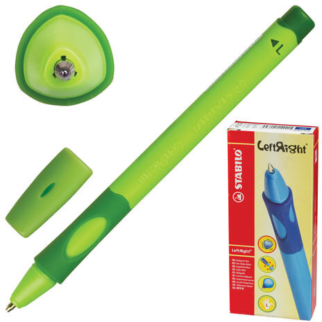 Ручка шариковая с грипом STABILO "Left Right", СИНЯЯ, для левшей, корпус зеленый, узел 0,8 мм, линия письма 0,4 мм, 6318/2-10-41