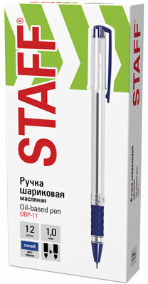 Ручка шариковая масляная с грипом STAFF "Basic OBP-11", СИНЯЯ, узел 1 мм, линия письма 0,5 мм, 143744