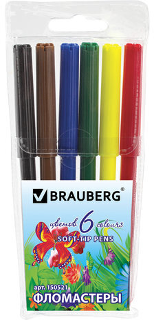 Фломастеры BRAUBERG "Wonderful butterfly", 6 цветов, вентилируемый колпачок, пластиковая упаковка, увеличенный срок службы, 150521