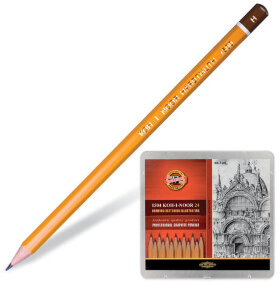 Карандаши чернографитные KOH-I-NOOR 1500, НАБОР 24 шт., 8В-10H, без резинки, металлическая коробка, 1504024001PL