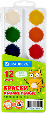 Краски акварельные BRAUBERG 12 цветов "Кот-Энтузиаст", медовые, круглые кюветы, 192553