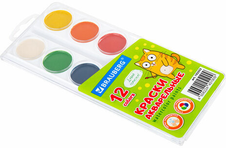 Краски акварельные BRAUBERG 12 цветов "Кот-Энтузиаст", медовые, круглые кюветы, 192553