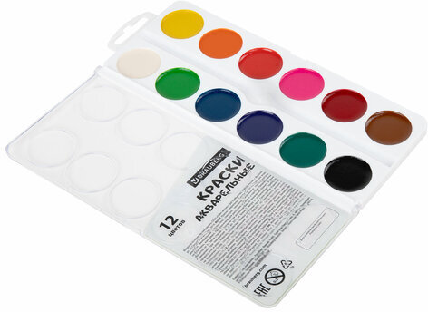 Краски акварельные BRAUBERG 12 цветов "Кот-Энтузиаст", медовые, круглые кюветы, 192553