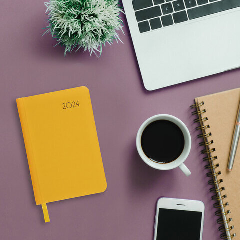 Ежедневник датированный 2024 А5 138x213 мм BRAUBERG "Select", балакрон, желтый, 114881