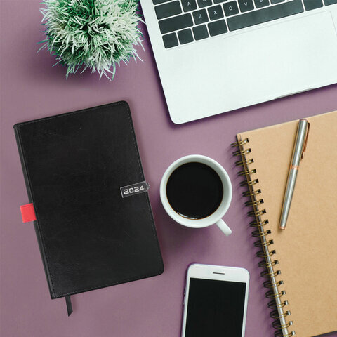 Ежедневник датированный 2024 А5 138x213 мм BRAUBERG "Inspiration", под кожу, цветной срез, черный, 114984